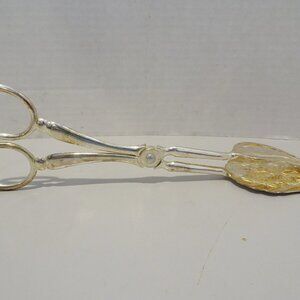 Vintage E.P. Zinc Silver Plated Salad Tongs Made in Italy Fancy Engraved